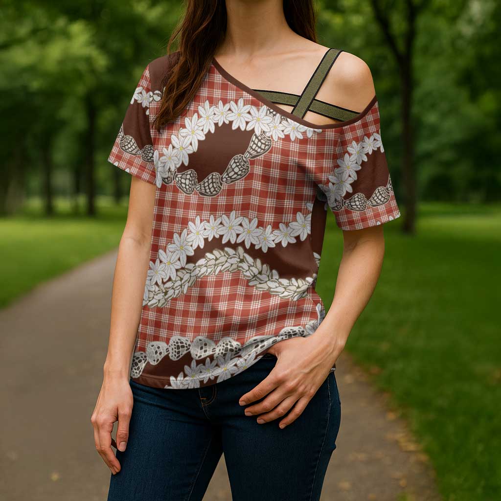 Red Hawaii Tiare and Shell Lei Cross Shoulder Shirt Hawaiian Palaka Luxury Vibes LT14 - Polynesian Pride