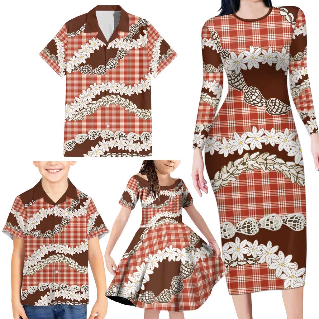Red Hawaii Tiare and Shell Lei Family Matching Long Sleeve Bodycon Dress and Hawaiian Shirt Hawaiian Palaka Luxury Vibes - Polynesian Pride