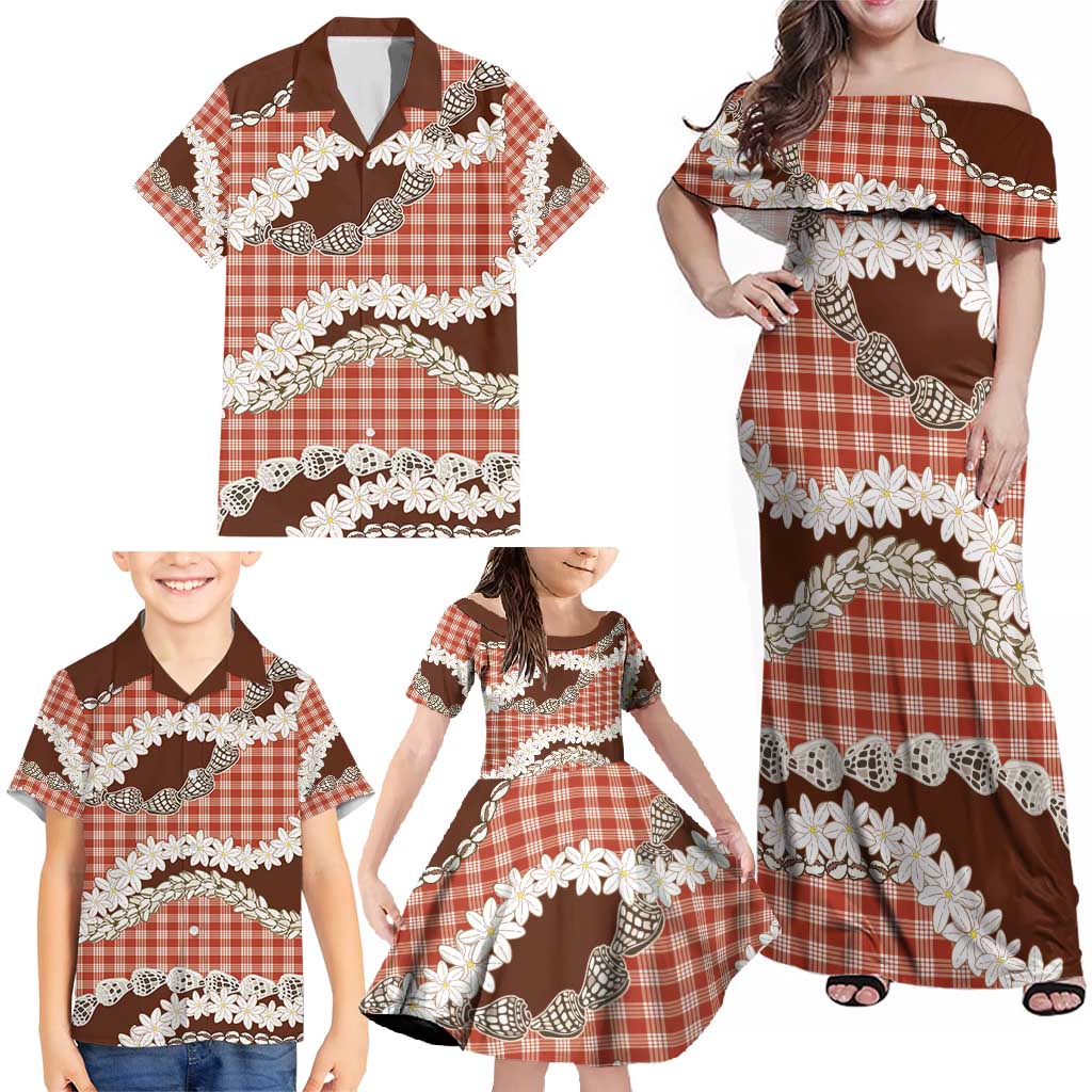 Red Hawaii Tiare and Shell Lei Family Matching Off Shoulder Maxi Dress and Hawaiian Shirt Hawaiian Palaka Luxury Vibes - Polynesian Pride