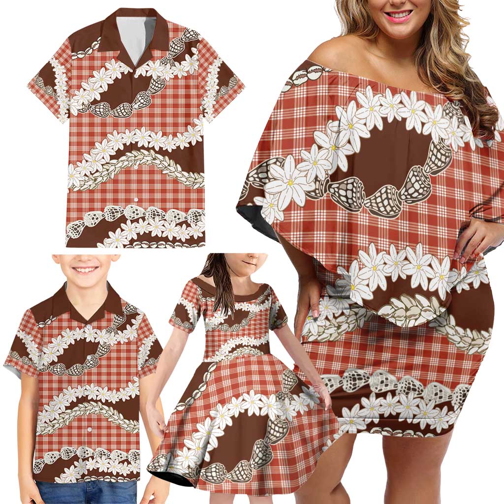 Red Hawaii Tiare and Shell Lei Family Matching Off Shoulder Short Dress and Hawaiian Shirt Hawaiian Palaka Luxury Vibes - Polynesian Pride