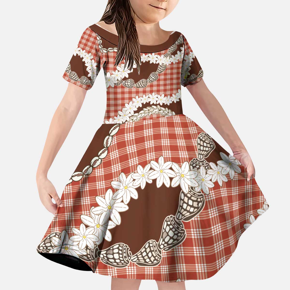 Red Hawaii Tiare and Shell Lei Kid Short Sleeve Dress Hawaiian Palaka Luxury Vibes - Polynesian Pride