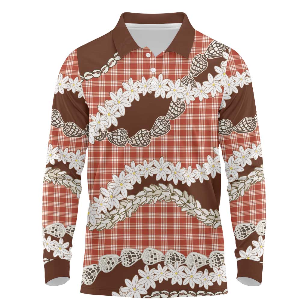 Red Hawaii Tiare and Shell Lei Long Sleeve Polo Shirt Hawaiian Palaka Luxury Vibes - Polynesian Pride