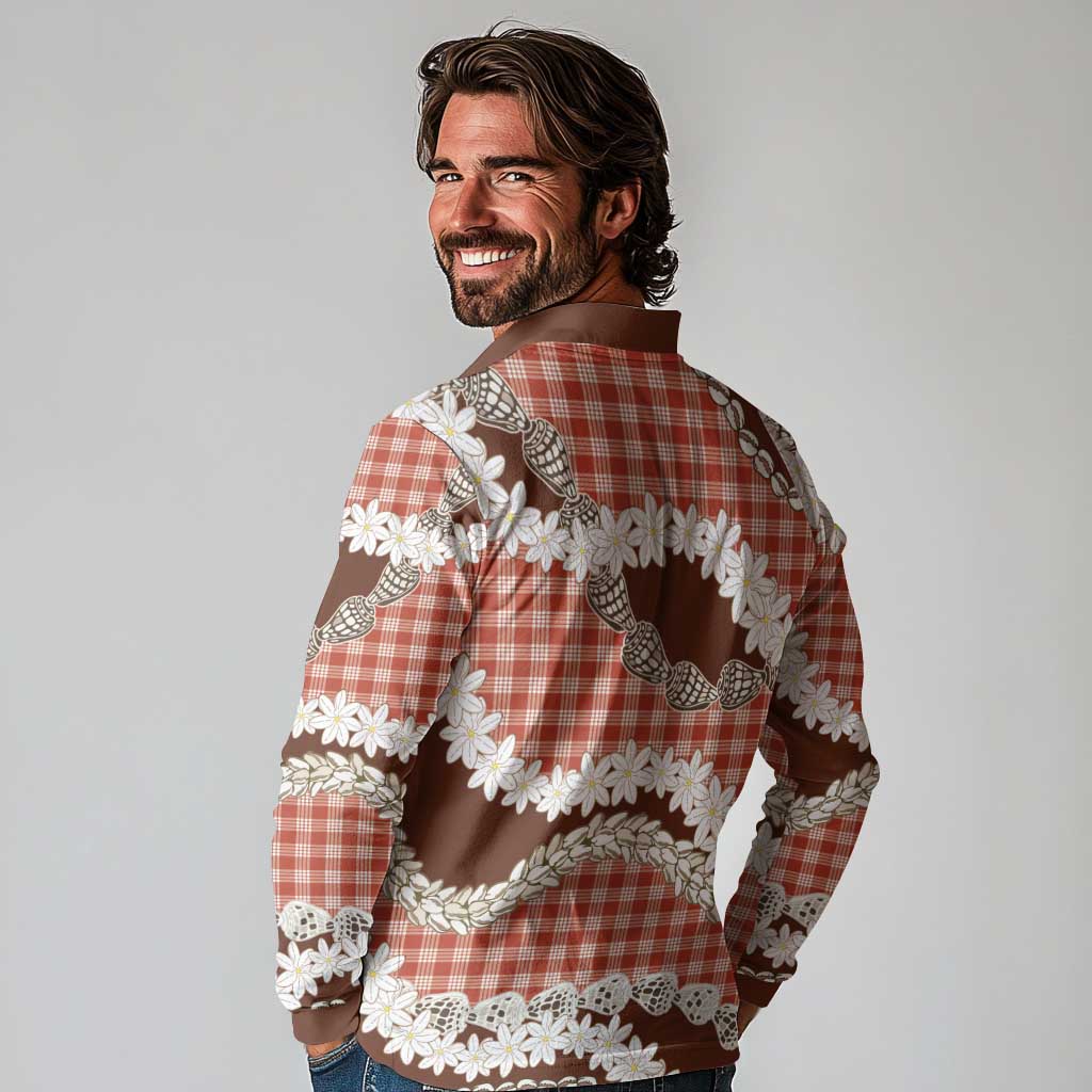 Red Hawaii Tiare and Shell Lei Long Sleeve Polo Shirt Hawaiian Palaka Luxury Vibes - Polynesian Pride