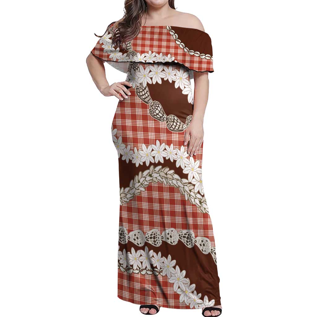 Red Hawaii Tiare and Shell Lei Off Shoulder Maxi Dress Hawaiian Palaka Luxury Vibes - Polynesian Pride