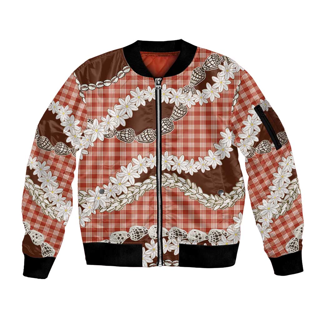 Red Hawaii Tiare and Shell Lei Sleeve Zip Bomber Jacket Hawaiian Palaka Luxury Vibes - Polynesian Pride