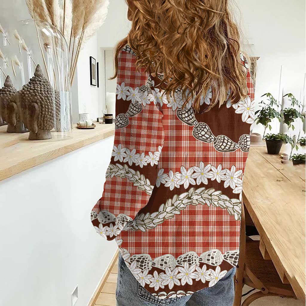 Red Hawaii Tiare and Shell Lei Women Casual Shirt Hawaiian Palaka Luxury Vibes - Polynesian Pride