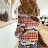 Red Hawaii Tiare and Shell Lei Women Casual Shirt Hawaiian Palaka Luxury Vibes - Polynesian Pride