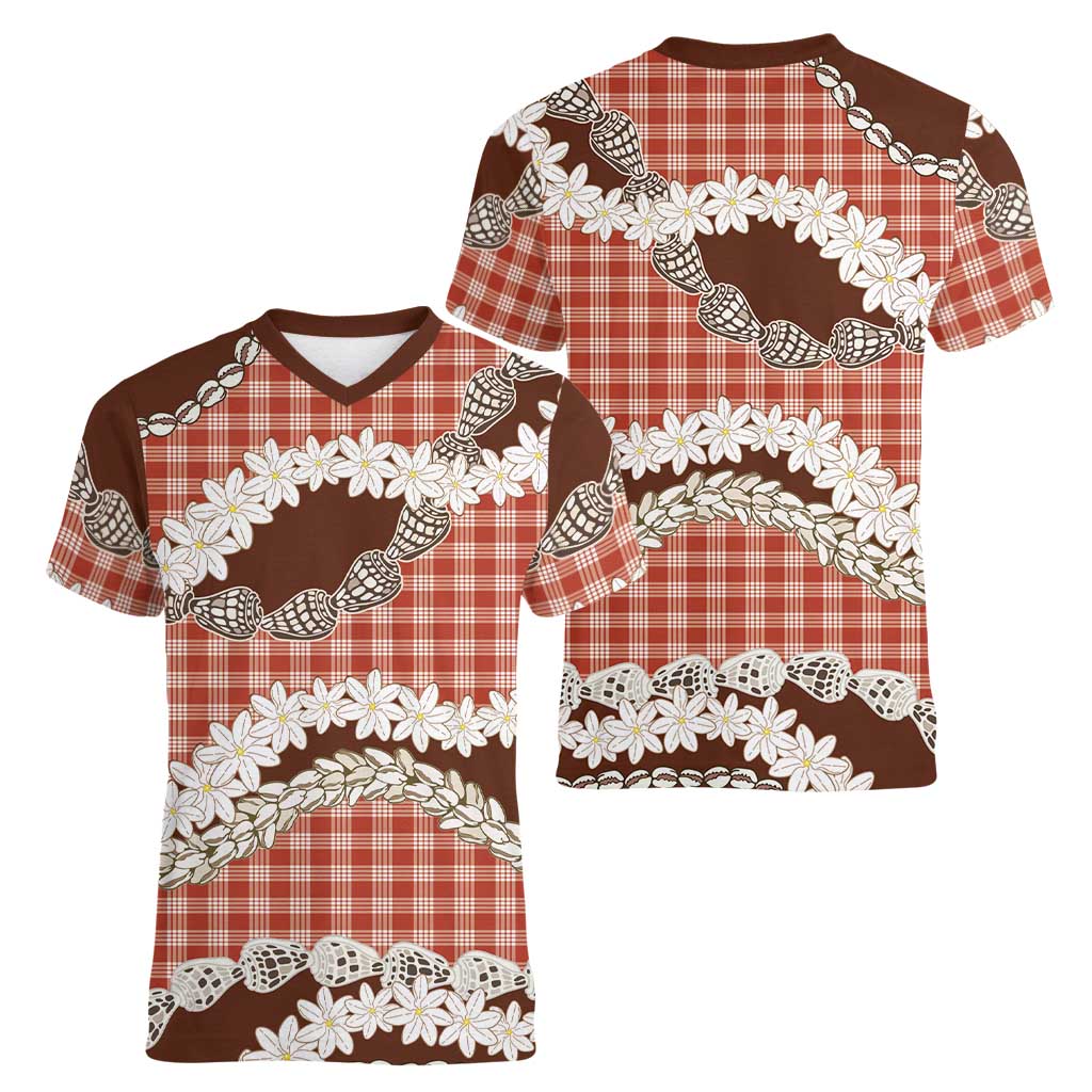 Red Hawaii Tiare and Shell Lei Women V-Neck T-Shirt Hawaiian Palaka Luxury Vibes LT14 - Polynesian Pride