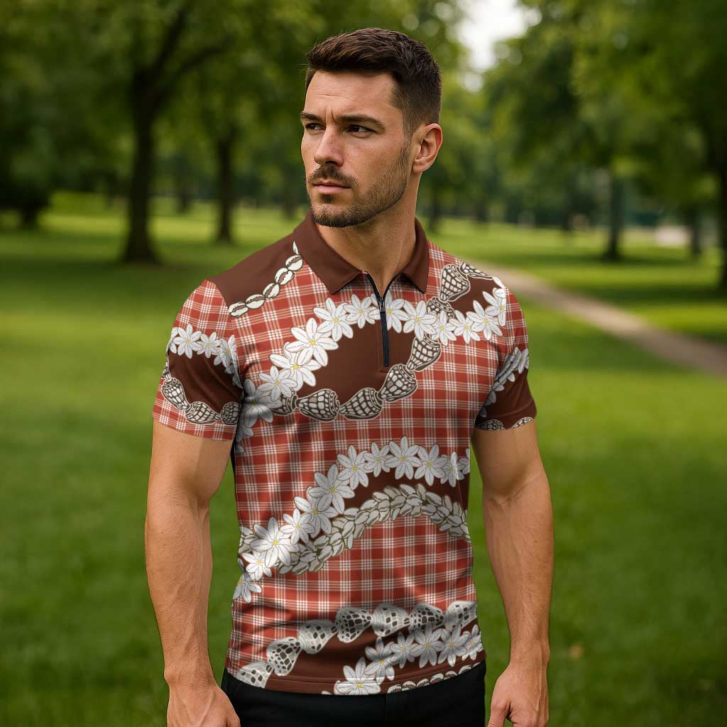 Red Hawaii Tiare and Shell Lei Zipper Polo Shirt Hawaiian Palaka Luxury Vibes - Polynesian Pride