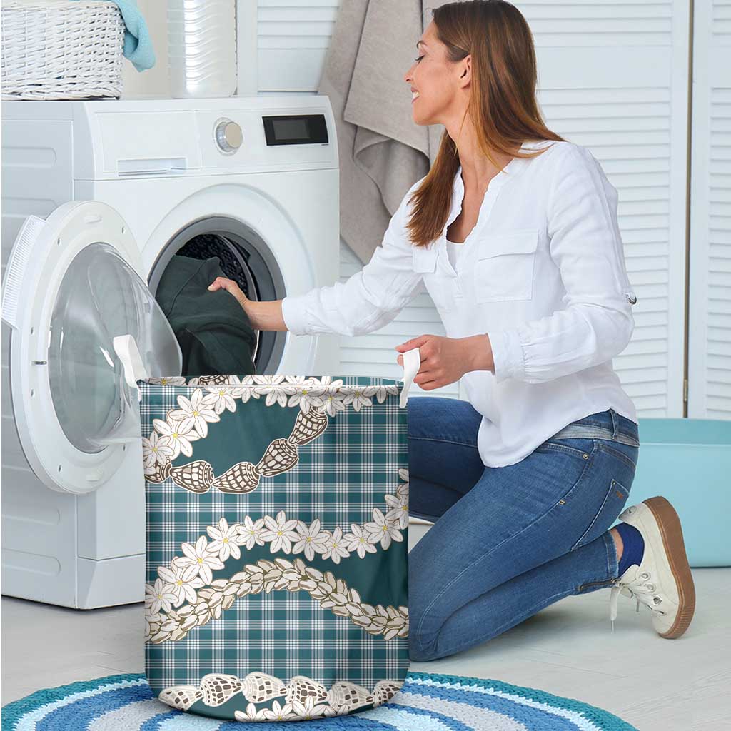 Dark Cyan Hawaii Tiare and Shell Lei Laundry Basket Hawaiian Palaka Luxury Vibes - Polynesian Pride