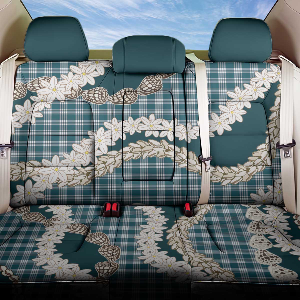 Dark Cyan Hawaii Tiare and Shell Lei Back Car Seat Cover Hawaiian Palaka Luxury Vibes - Polynesian Pride