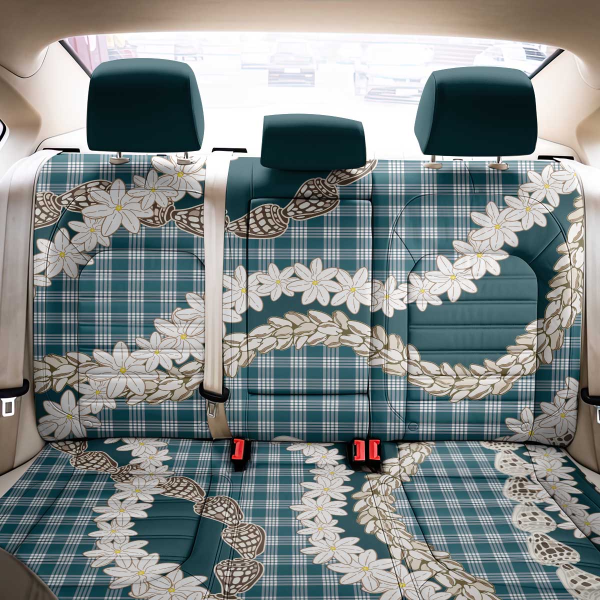 Dark Cyan Hawaii Tiare and Shell Lei Back Car Seat Cover Hawaiian Palaka Luxury Vibes - Polynesian Pride