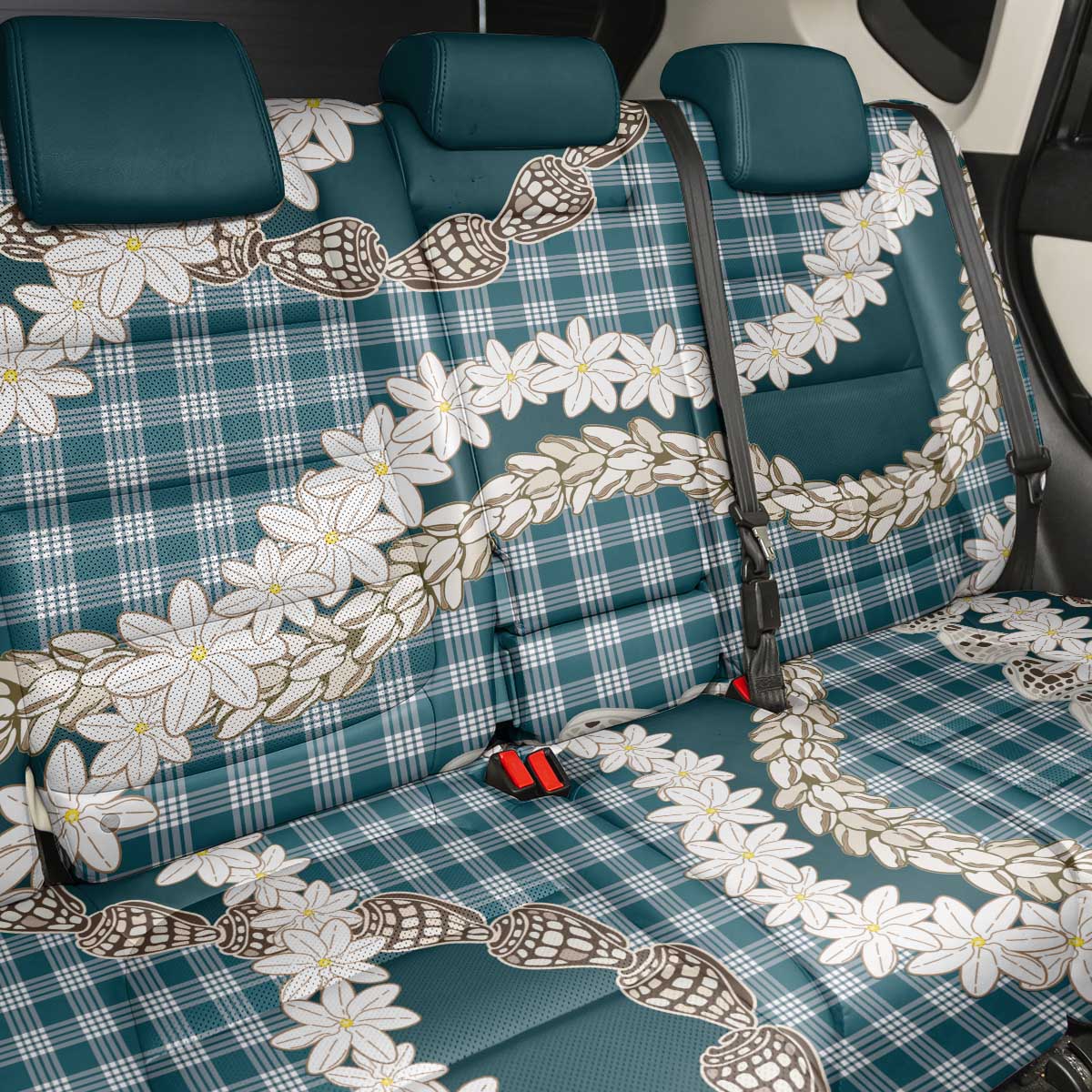 Dark Cyan Hawaii Tiare and Shell Lei Back Car Seat Cover Hawaiian Palaka Luxury Vibes - Polynesian Pride