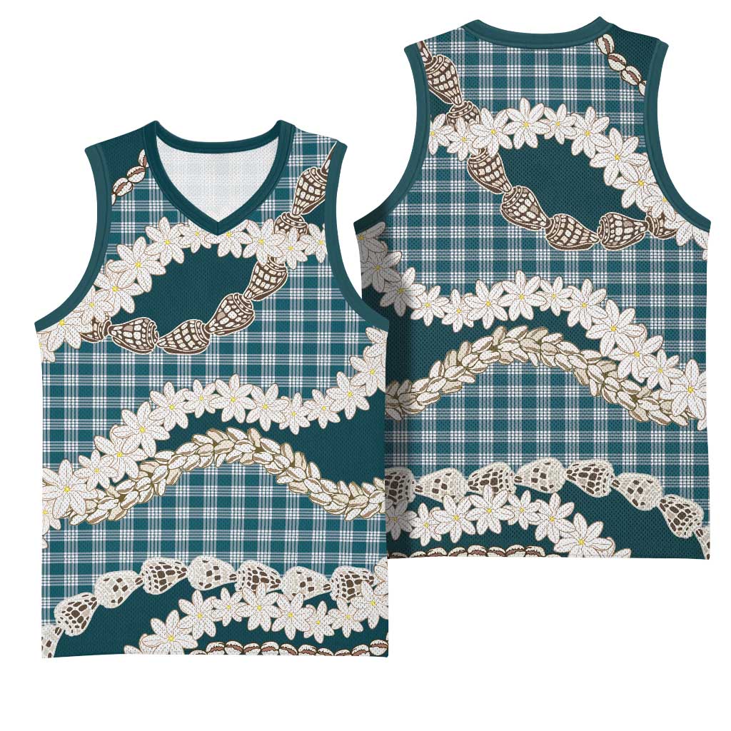 Dark Cyan Hawaii Tiare and Shell Lei Basketball Jersey Hawaiian Palaka Luxury Vibes - Polynesian Pride