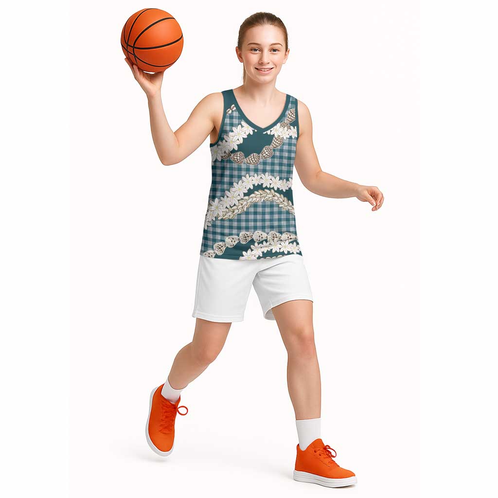 Dark Cyan Hawaii Tiare and Shell Lei Basketball Jersey Hawaiian Palaka Luxury Vibes - Polynesian Pride