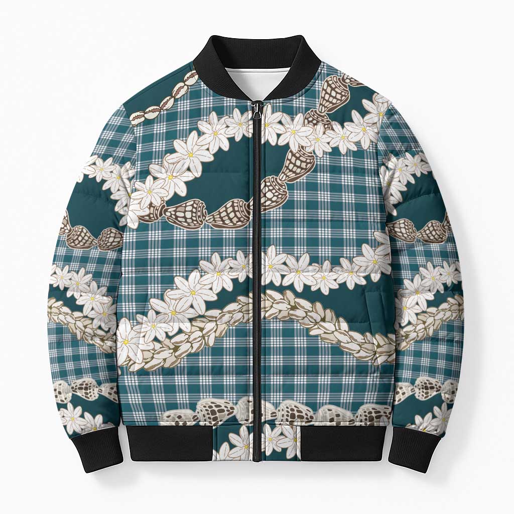 Dark Cyan Hawaii Tiare and Shell Lei Bomber Puffer Jacket Hawaiian Palaka Luxury Vibes - Polynesian Pride