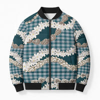 Dark Cyan Hawaii Tiare and Shell Lei Bomber Puffer Jacket Hawaiian Palaka Luxury Vibes - Polynesian Pride