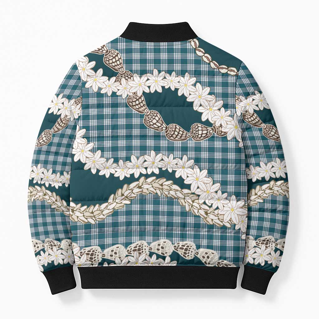 Dark Cyan Hawaii Tiare and Shell Lei Bomber Puffer Jacket Hawaiian Palaka Luxury Vibes - Polynesian Pride