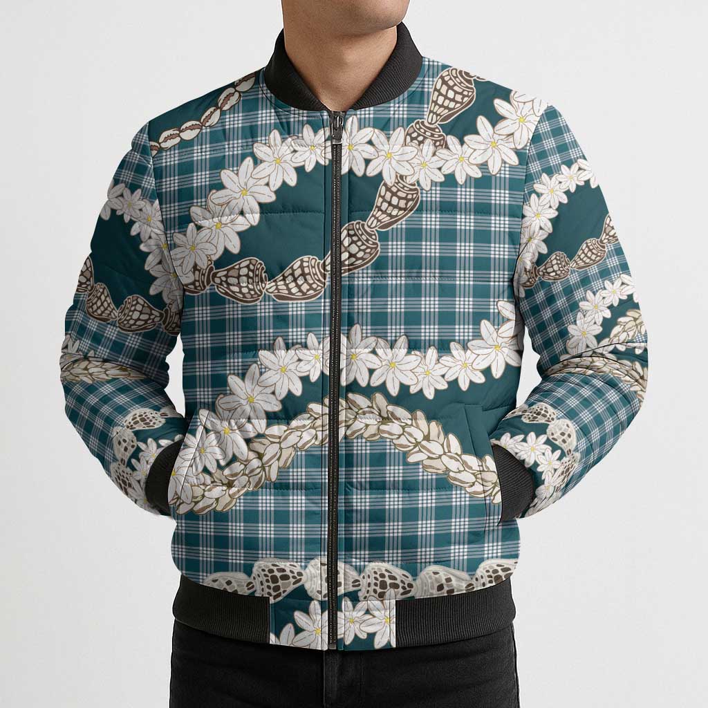 Dark Cyan Hawaii Tiare and Shell Lei Bomber Puffer Jacket Hawaiian Palaka Luxury Vibes - Polynesian Pride