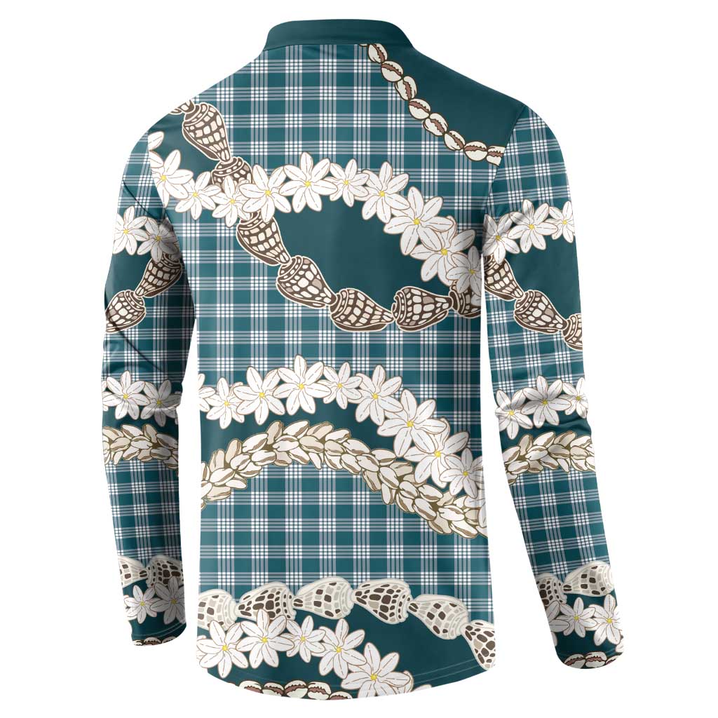 Dark Cyan Hawaii Tiare and Shell Lei Button Sweatshirt Hawaiian Palaka Luxury Vibes - Polynesian Pride