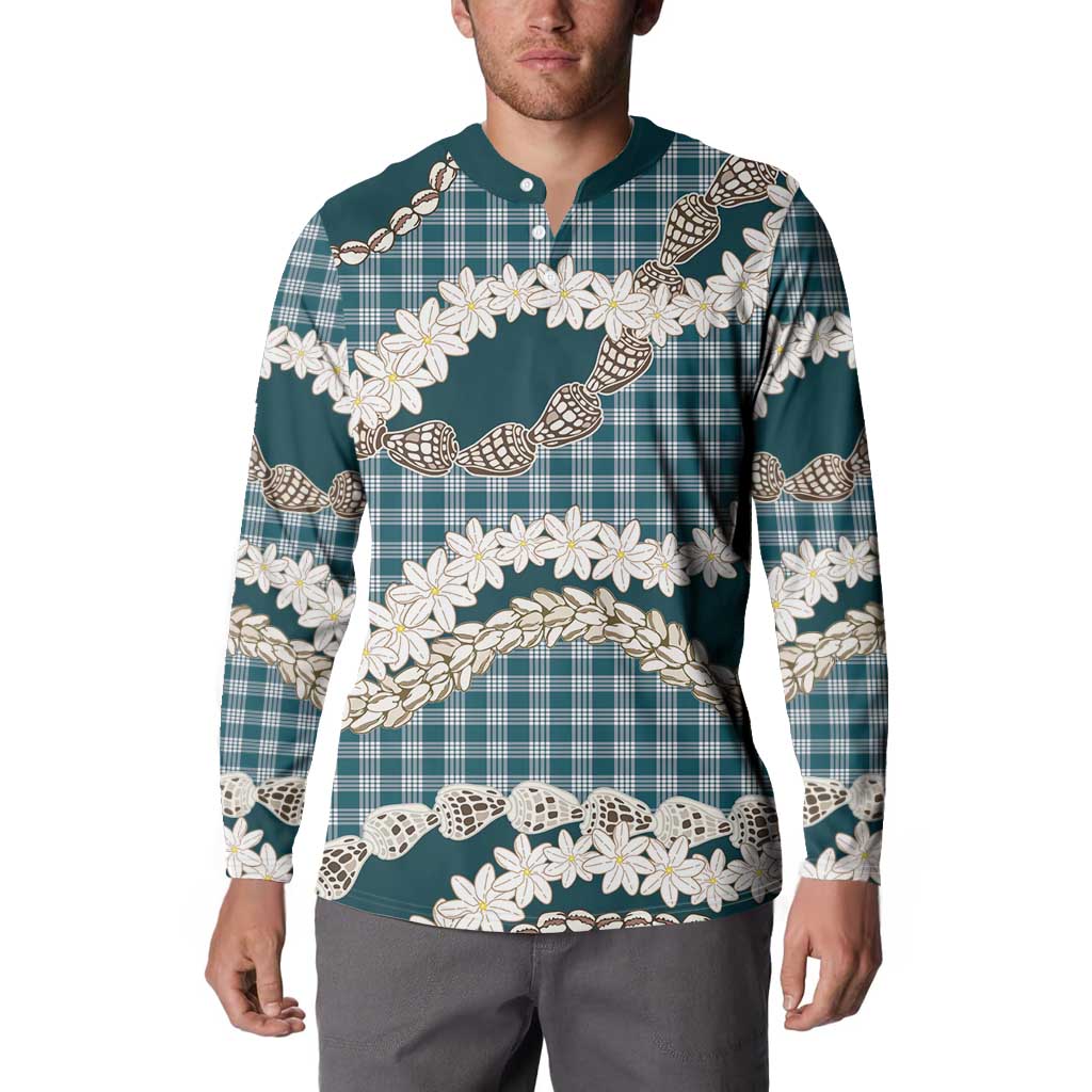 Dark Cyan Hawaii Tiare and Shell Lei Button Sweatshirt Hawaiian Palaka Luxury Vibes - Polynesian Pride