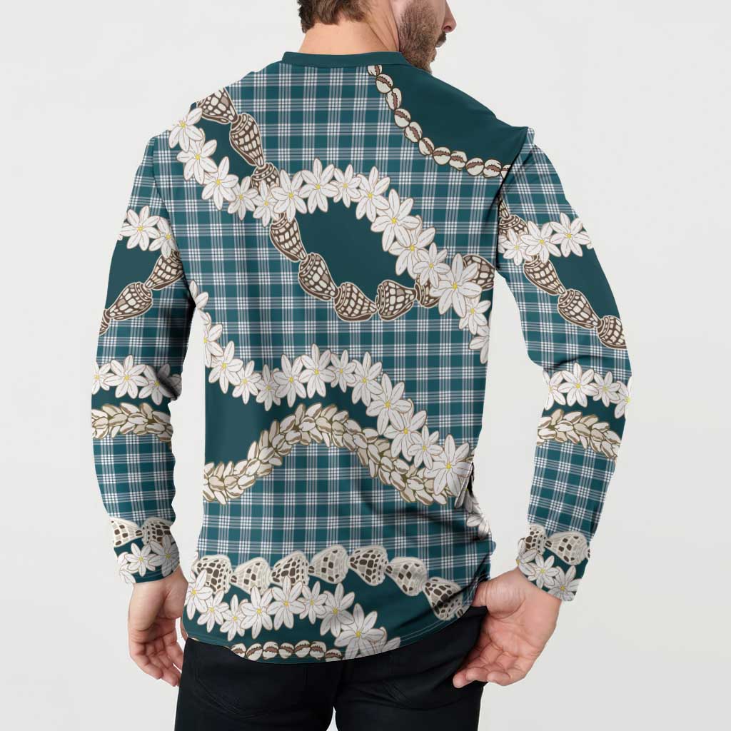 Dark Cyan Hawaii Tiare and Shell Lei Button Sweatshirt Hawaiian Palaka Luxury Vibes - Polynesian Pride