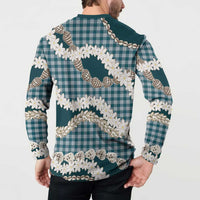 Dark Cyan Hawaii Tiare and Shell Lei Button Sweatshirt Hawaiian Palaka Luxury Vibes - Polynesian Pride