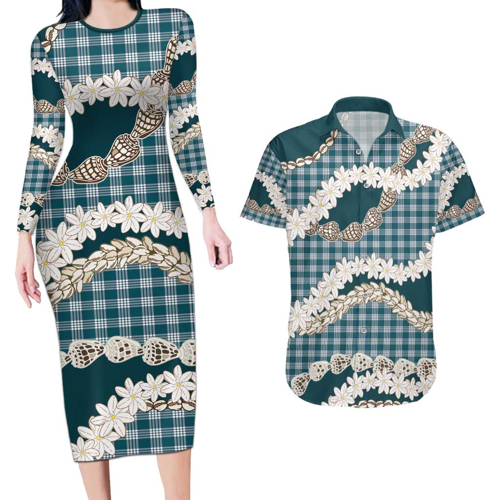 Dark Cyan Hawaii Tiare and Shell Lei Couples Matching Long Sleeve Bodycon Dress and Hawaiian Shirt Hawaiian Palaka Luxury Vibes - Polynesian Pride