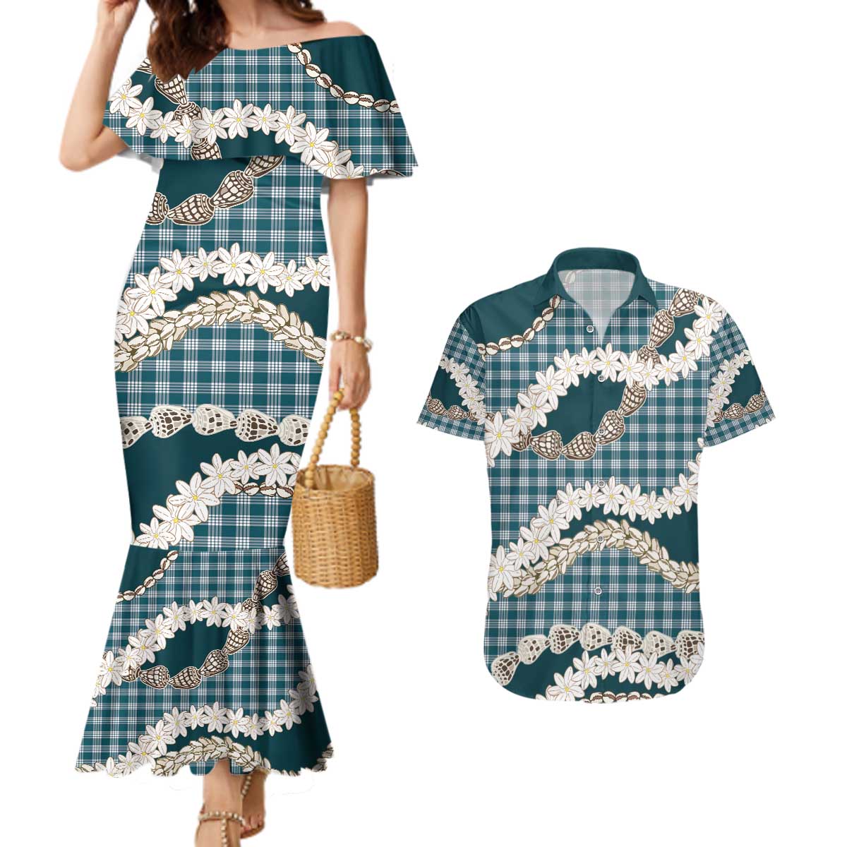 Dark Cyan Hawaii Tiare and Shell Lei Couples Matching Mermaid Dress and Hawaiian Shirt Hawaiian Palaka Luxury Vibes - Polynesian Pride