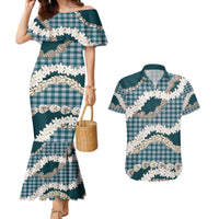 Dark Cyan Hawaii Tiare and Shell Lei Couples Matching Mermaid Dress and Hawaiian Shirt Hawaiian Palaka Luxury Vibes - Polynesian Pride