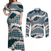 Dark Cyan Hawaii Tiare and Shell Lei Couples Matching Off Shoulder Maxi Dress and Long Sleeve Button Shirt Hawaiian Palaka Luxury Vibes - Polynesian Pride