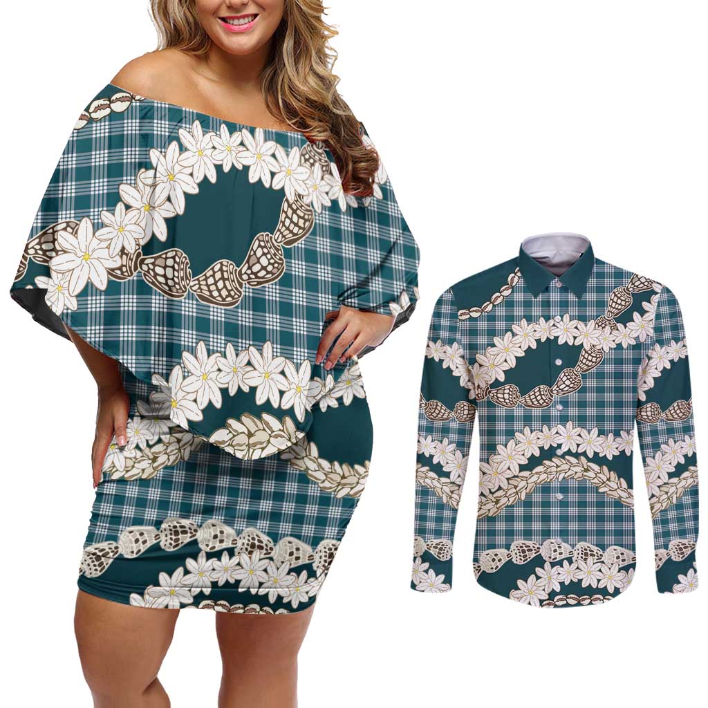 Dark Cyan Hawaii Tiare and Shell Lei Couples Matching Off Shoulder Short Dress and Long Sleeve Button Shirt Hawaiian Palaka Luxury Vibes - Polynesian Pride