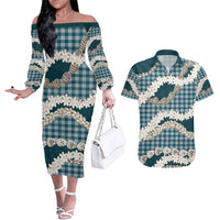 Dark Cyan Hawaii Tiare and Shell Lei Couples Matching Off The Shoulder Long Sleeve Dress and Hawaiian Shirt Hawaiian Palaka Luxury Vibes - Polynesian Pride