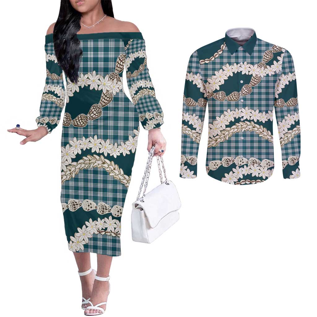 Dark Cyan Hawaii Tiare and Shell Lei Couples Matching Off The Shoulder Long Sleeve Dress and Long Sleeve Button Shirt Hawaiian Palaka Luxury Vibes - Polynesian Pride