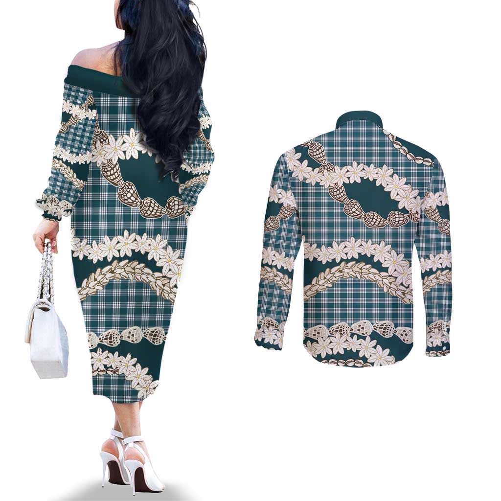 Dark Cyan Hawaii Tiare and Shell Lei Couples Matching Off The Shoulder Long Sleeve Dress and Long Sleeve Button Shirt Hawaiian Palaka Luxury Vibes - Polynesian Pride