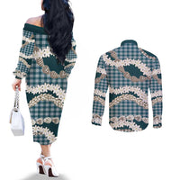 Dark Cyan Hawaii Tiare and Shell Lei Couples Matching Off The Shoulder Long Sleeve Dress and Long Sleeve Button Shirt Hawaiian Palaka Luxury Vibes - Polynesian Pride