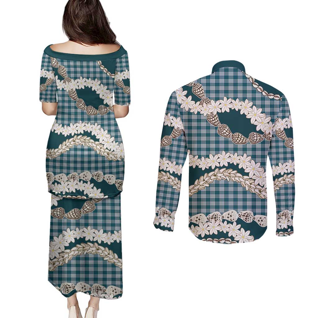 Dark Cyan Hawaii Tiare and Shell Lei Couples Matching Puletasi and Long Sleeve Button Shirt Hawaiian Palaka Luxury Vibes - Polynesian Pride