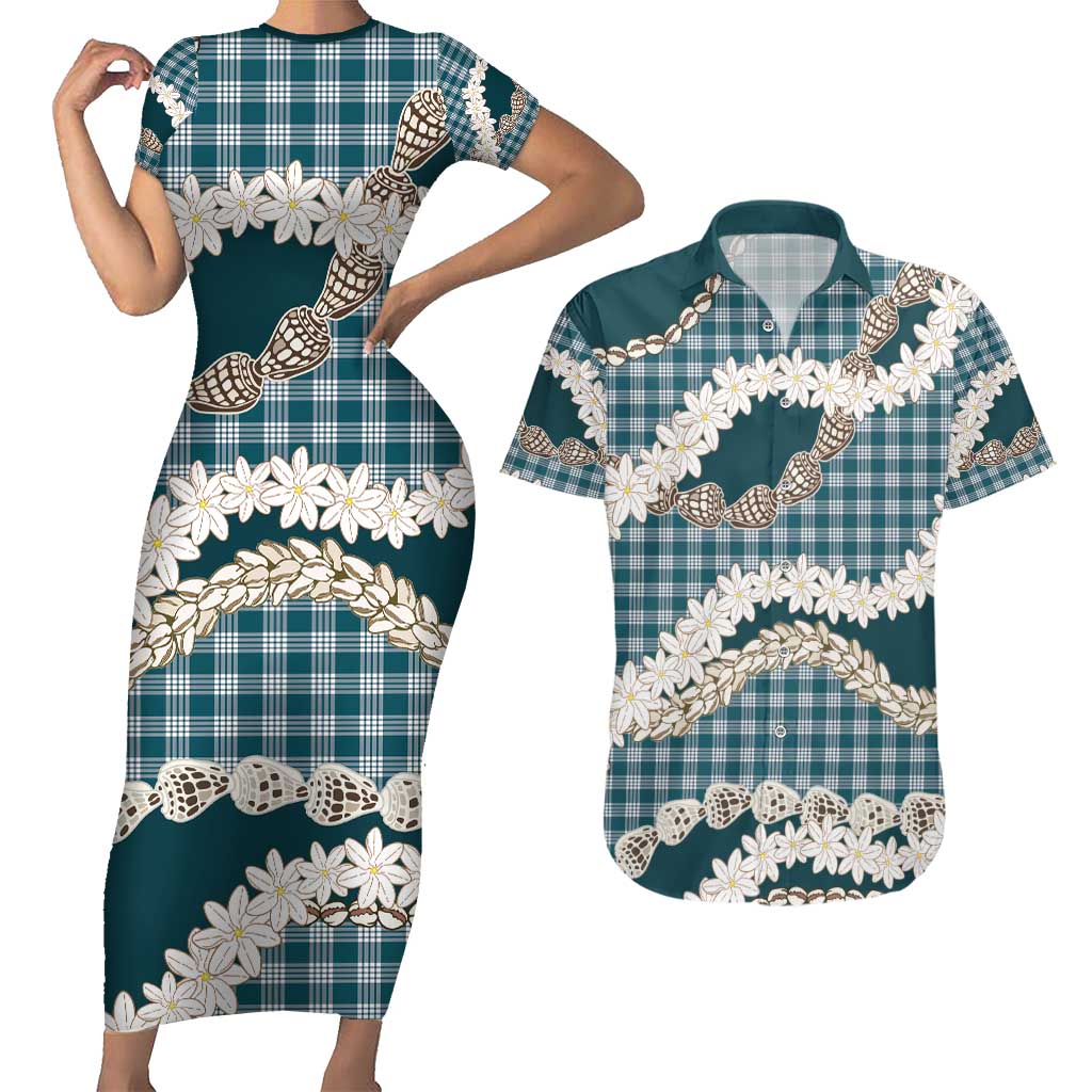 Dark Cyan Hawaii Tiare and Shell Lei Couples Matching Short Sleeve Bodycon Dress and Hawaiian Shirt Hawaiian Palaka Luxury Vibes - Polynesian Pride