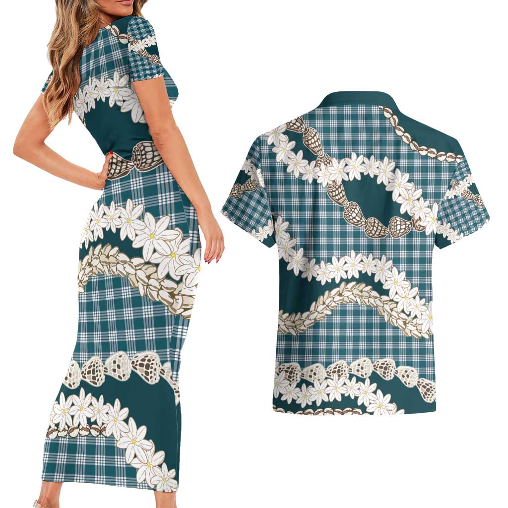 Dark Cyan Hawaii Tiare and Shell Lei Couples Matching Short Sleeve Bodycon Dress and Hawaiian Shirt Hawaiian Palaka Luxury Vibes - Polynesian Pride