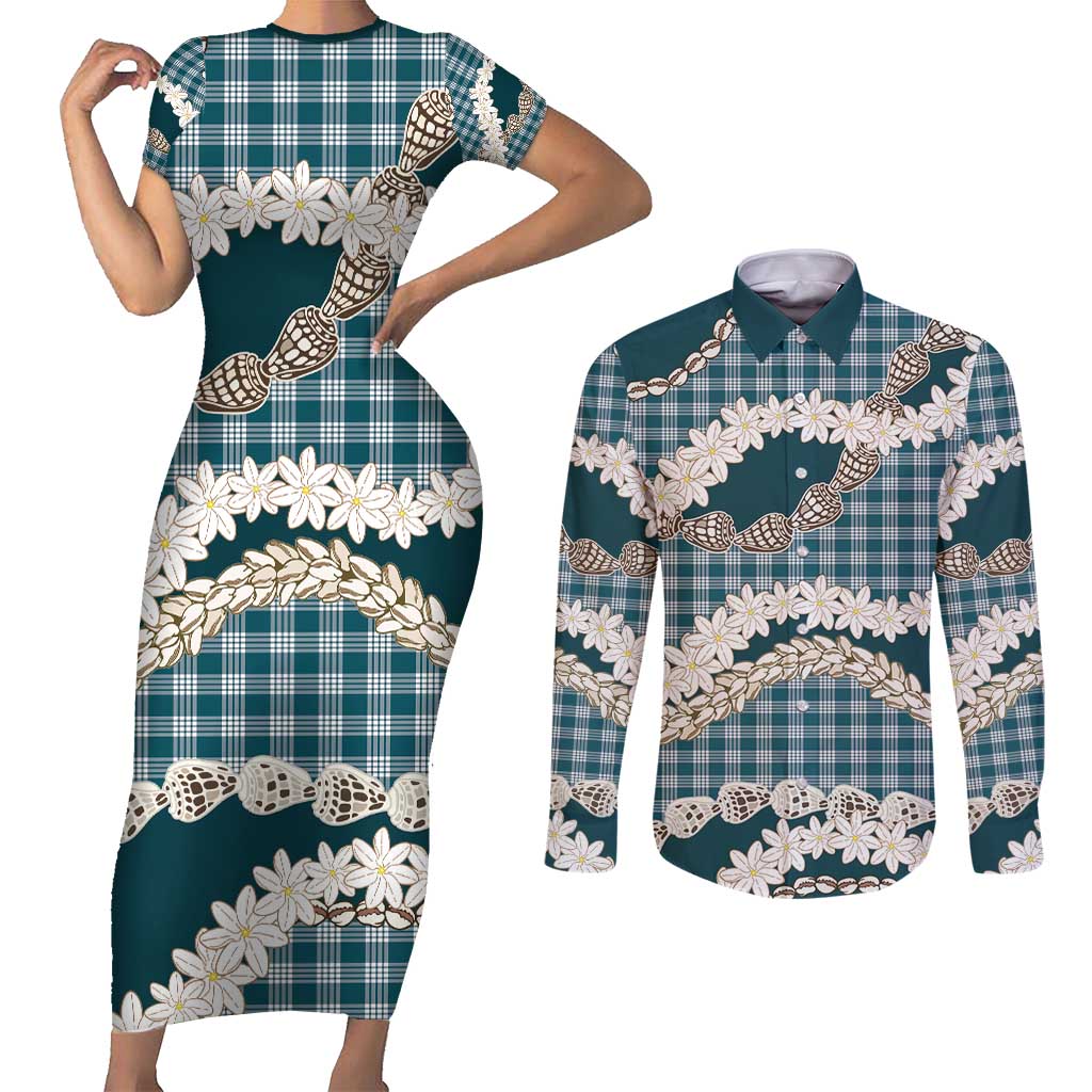 Dark Cyan Hawaii Tiare and Shell Lei Couples Matching Short Sleeve Bodycon Dress and Long Sleeve Button Shirt Hawaiian Palaka Luxury Vibes - Polynesian Pride