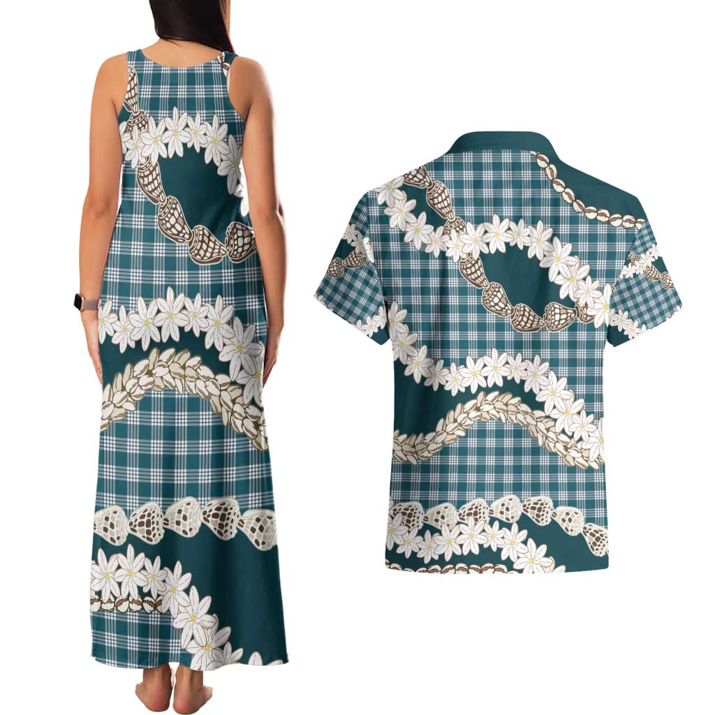 Dark Cyan Hawaii Tiare and Shell Lei Couples Matching Tank Maxi Dress and Hawaiian Shirt Hawaiian Palaka Luxury Vibes - Polynesian Pride