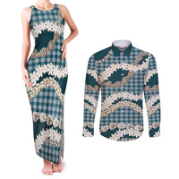 Dark Cyan Hawaii Tiare and Shell Lei Couples Matching Tank Maxi Dress and Long Sleeve Button Shirt Hawaiian Palaka Luxury Vibes - Polynesian Pride