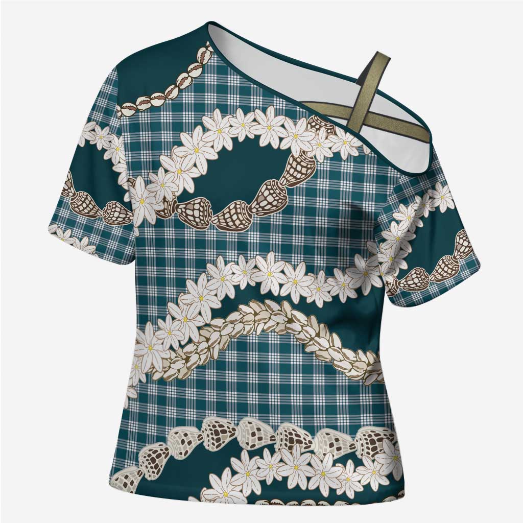 Dark Cyan Hawaii Tiare and Shell Lei Cross Shoulder Shirt Hawaiian Palaka Luxury Vibes - Polynesian Pride