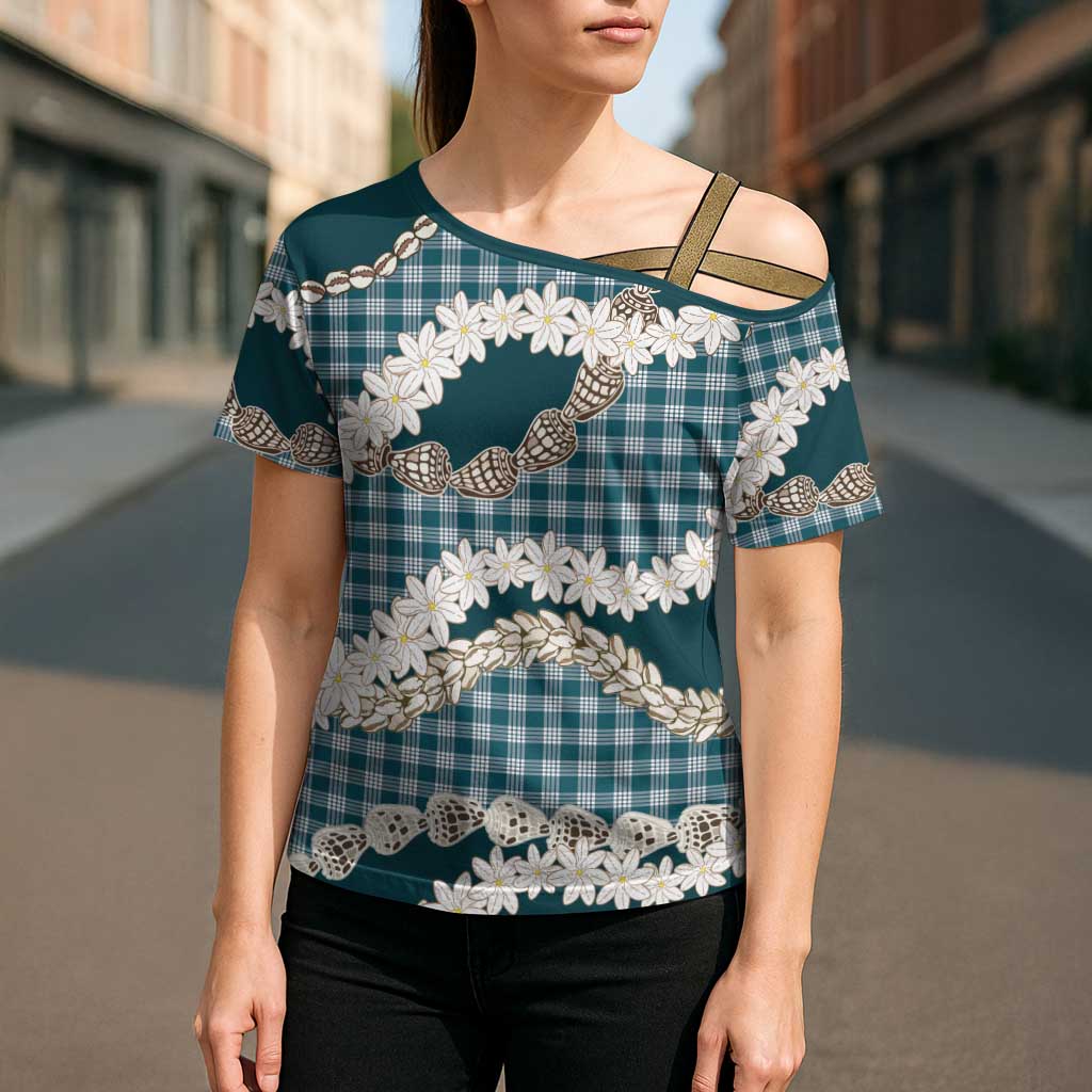 Dark Cyan Hawaii Tiare and Shell Lei Cross Shoulder Shirt Hawaiian Palaka Luxury Vibes - Polynesian Pride