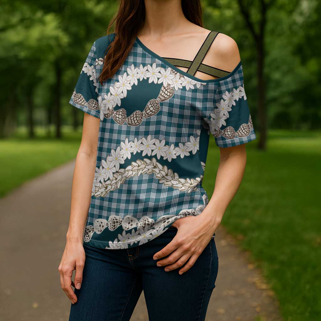 Dark Cyan Hawaii Tiare and Shell Lei Cross Shoulder Shirt Hawaiian Palaka Luxury Vibes - Polynesian Pride