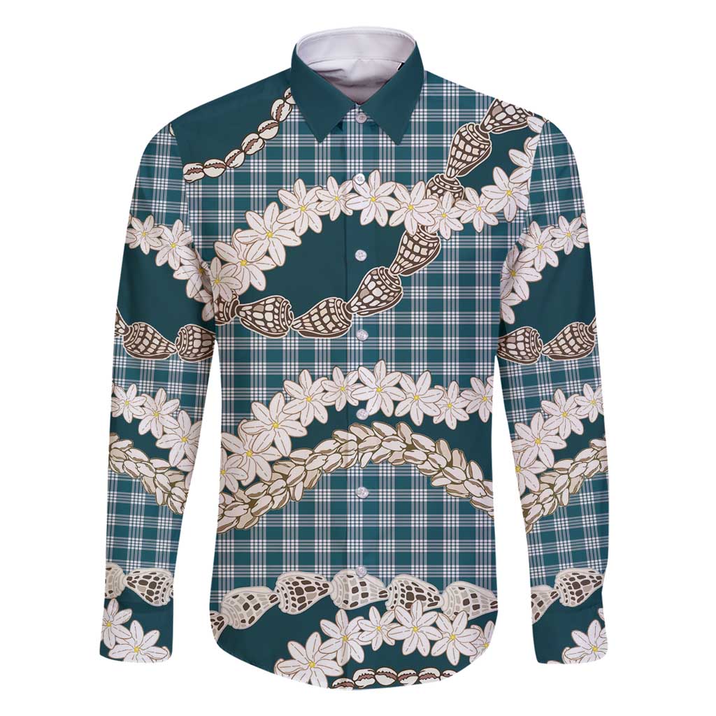 Dark Cyan Hawaii Tiare and Shell Lei Family Matching Long Sleeve Bodycon Dress and Hawaiian Shirt Hawaiian Palaka Luxury Vibes - Polynesian Pride