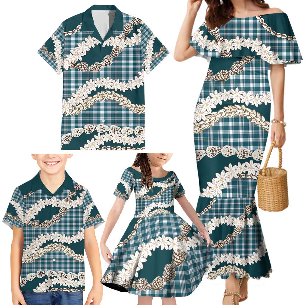 Dark Cyan Hawaii Tiare and Shell Lei Family Matching Mermaid Dress and Hawaiian Shirt Hawaiian Palaka Luxury Vibes - Polynesian Pride