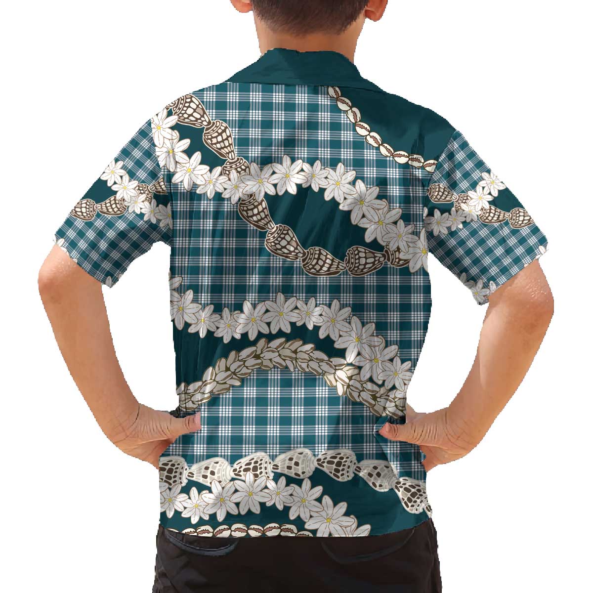 Dark Cyan Hawaii Tiare and Shell Lei Family Matching Off The Shoulder Long Sleeve Dress and Hawaiian Shirt Hawaiian Palaka Luxury Vibes - Polynesian Pride