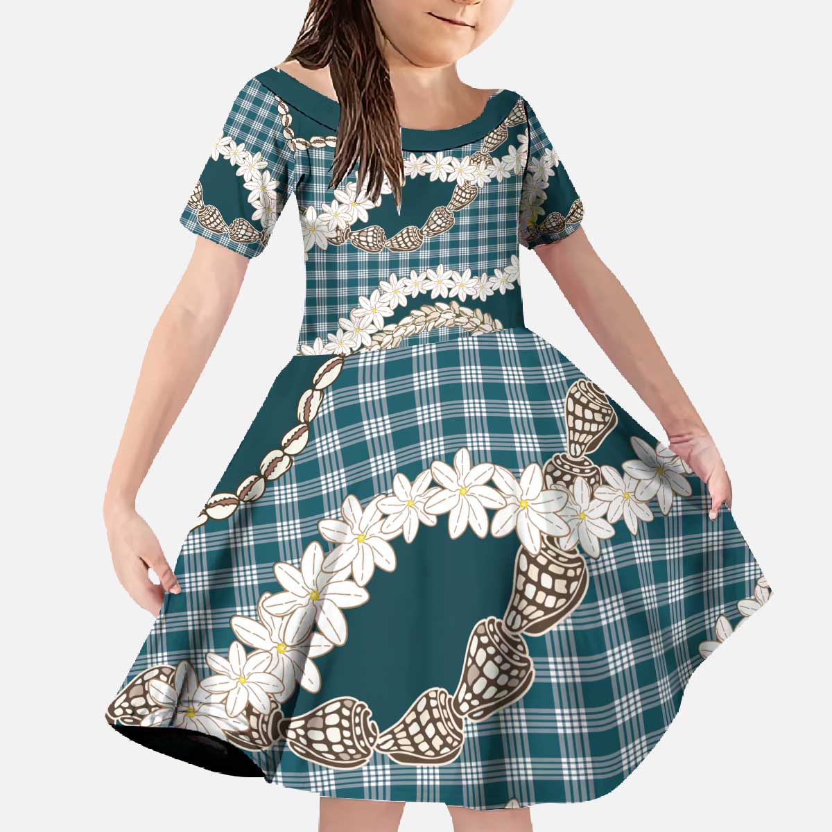 Dark Cyan Hawaii Tiare and Shell Lei Family Matching Off The Shoulder Long Sleeve Dress and Hawaiian Shirt Hawaiian Palaka Luxury Vibes - Polynesian Pride