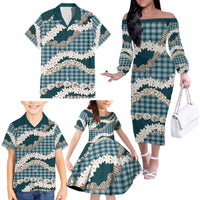 Dark Cyan Hawaii Tiare and Shell Lei Family Matching Off The Shoulder Long Sleeve Dress and Hawaiian Shirt Hawaiian Palaka Luxury Vibes - Polynesian Pride